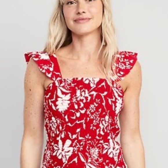 Old Navy Fitted Ruffle-Trim Smocked Floral Top for Women Red Floral Large - Picture 9 of 9